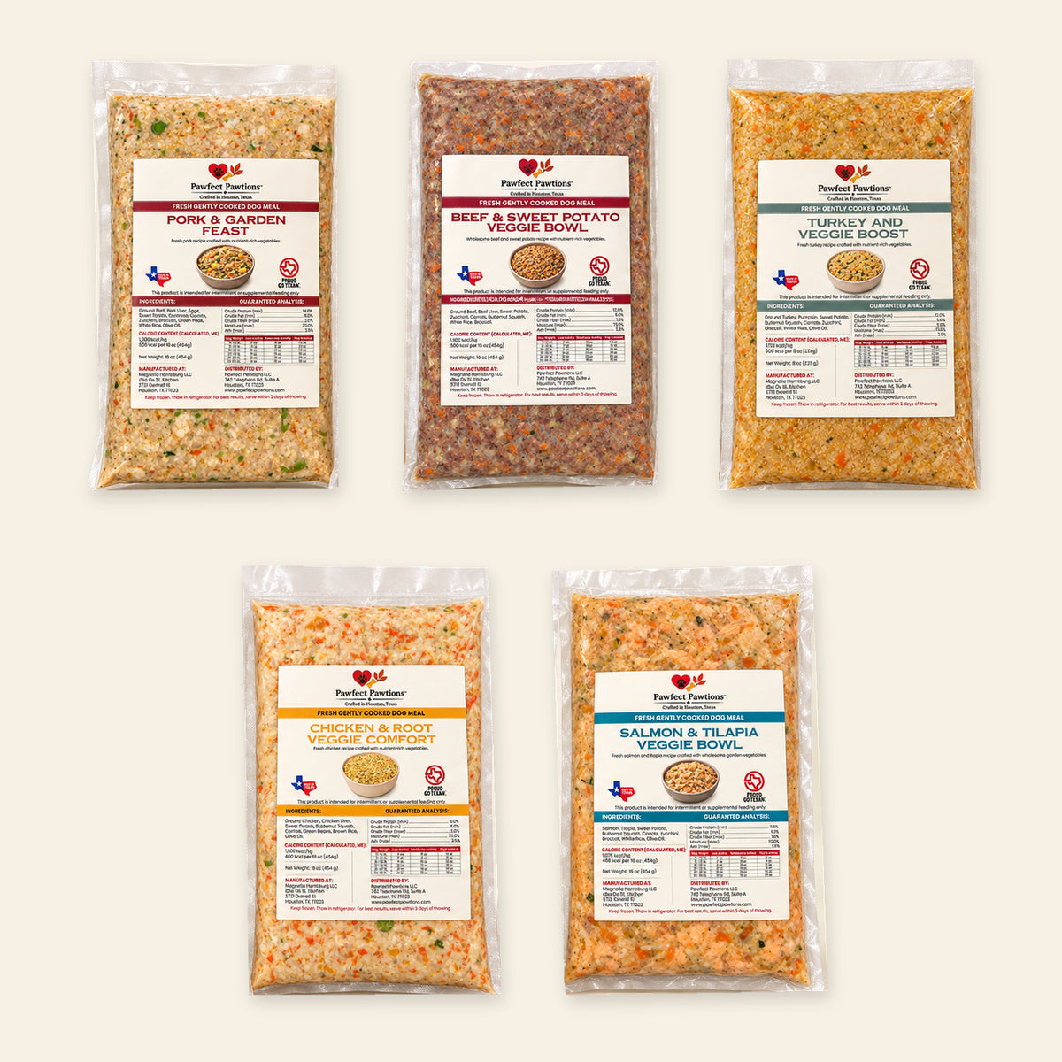 Pawfect Pawtions classic meal selection on an ivory background