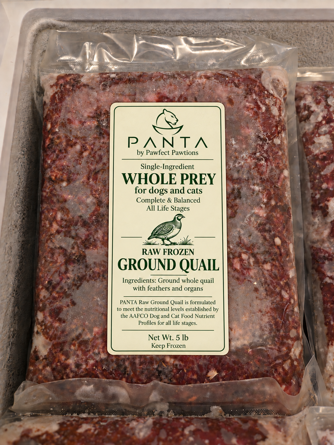 PANTA raw frozen ground quail, 5 lb, updated ivory and emerald label