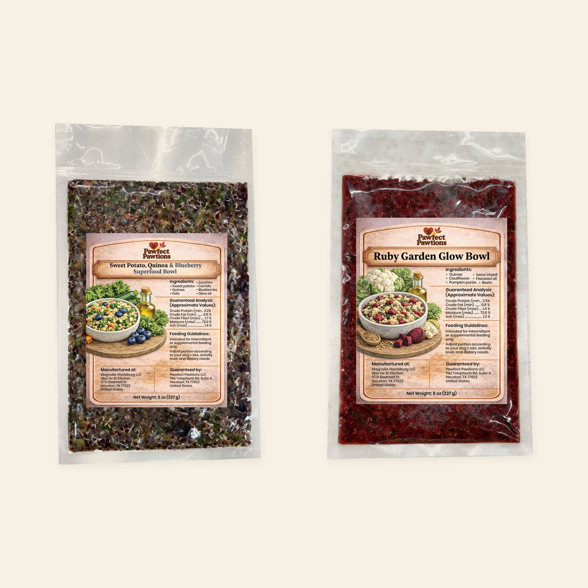 Sweet Potato, Quinoa and Blueberry Superfood Bowl and Ruby Garden Glow Bowl plant-based meal bags
