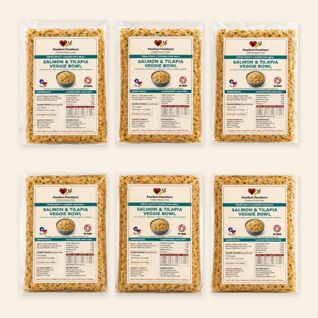 Pawfect Pawtions salmon meal selection on an ivory background